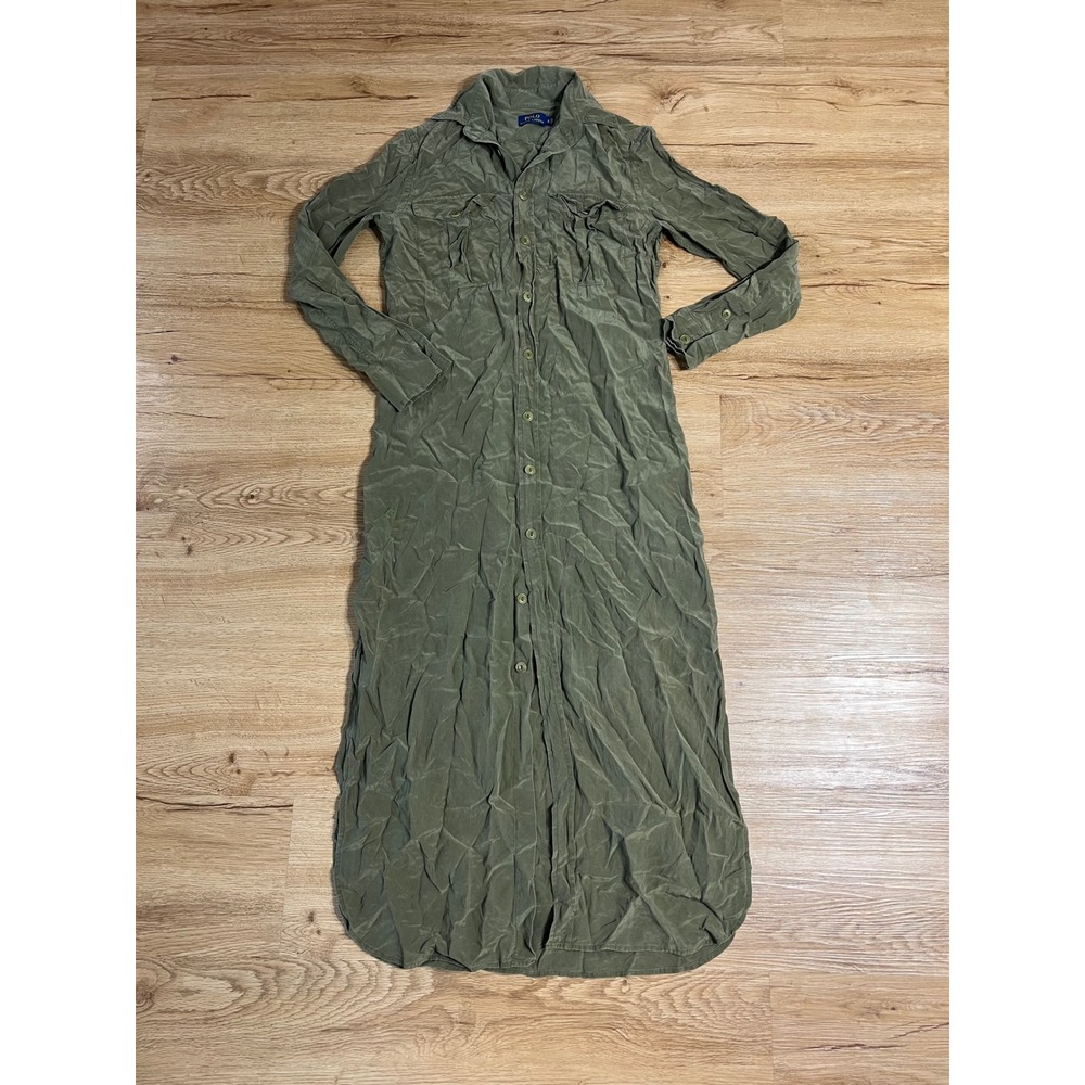 Polo Ralph Lauren 100% Mulberry Silk Maxi Shirt Dress Olive Green Size 2